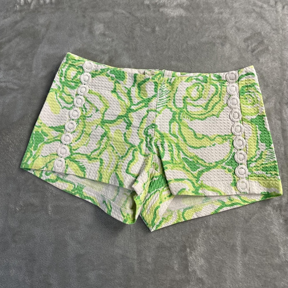 Lilly Pulitzer Shorts Size 2 Green White Seersucker Lace Trim Chino Floral Micro